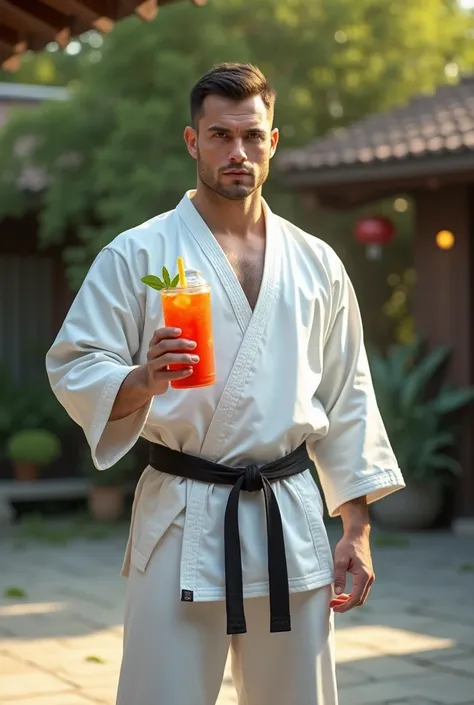 Man in karate shirt holding iced tea in plastic pouch