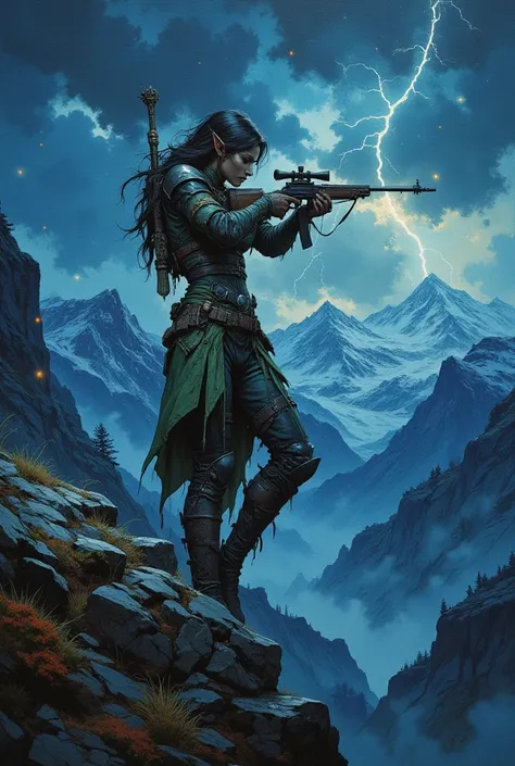 oil painting, sexy elf shooter,a third of the picture is the sky above, watercolor background of dark night mountains, lightning in the sky, bright spots, large strokes, dynamic pose, epic scene, high quality details