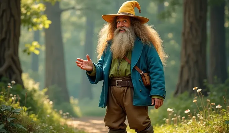 Create an ultra-realistic full-body image of Tom Bombadil from The Lord of the Rings, capturing his whimsical yet timeless presence. He stands with a carefree, energetic posture, radiating an aura of mystery and joy. Tom is of average height, with a wiry b...