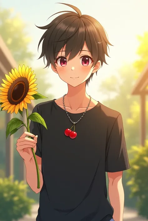 Cute male anime character wearing a black shirt wearing a cherry-shaped pendant necklace, his left hand holding a sunflower, his right hand with a cherry. 