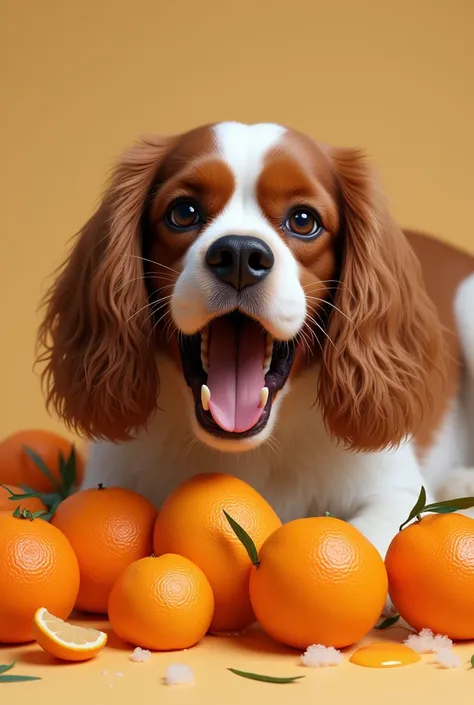 King Charles Spaniel devouring tangerines