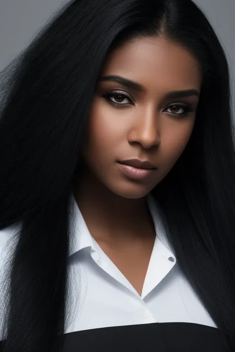     very long hair , almost completely jet black hair ,   long wolf hairstyle,    most extreme lion hair     ,Thick Hair,fluffy hair,The hair covers the entire left eye,heaviest hairstyle    , Shiny jet black hair,  1 African-American woman ,  Female priso...