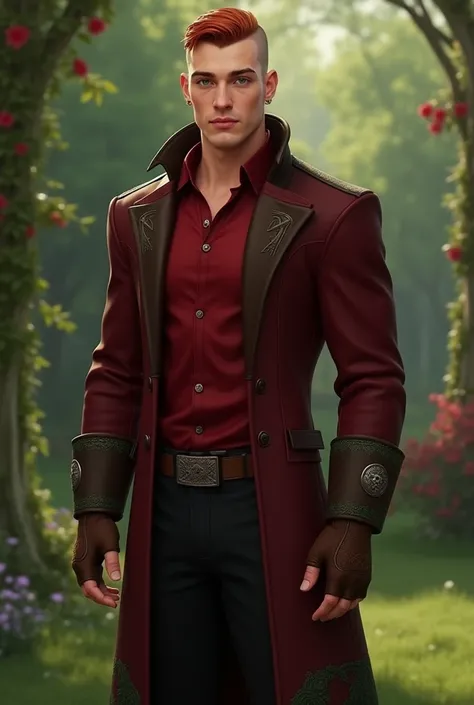 In CG-Art-Stil.  A young adult  ( approx. 18 years ) man,  muscular. Almost bald head hair (Dark red) ,  green eyes. The clothes: stiefel,  black pants, red shirt with buttons,  plus a long dark red coat with green pattern on the bottom and sleeves and fin...