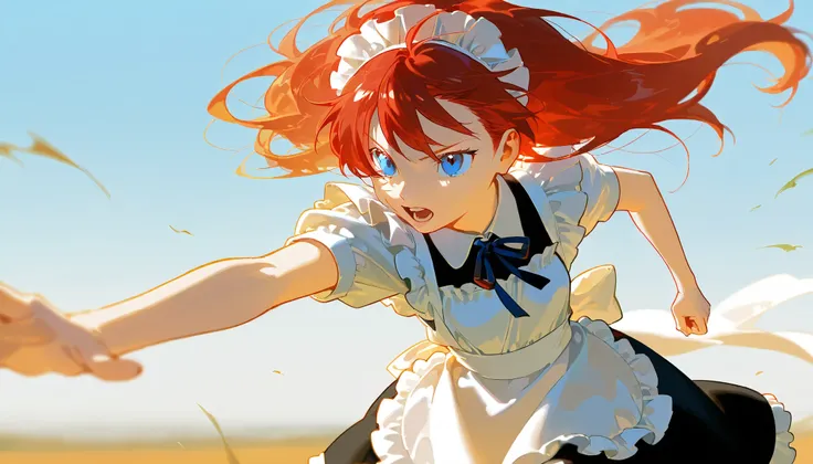 A girl with red, frizzy hair, tied in three small ribbons, wearing a flashy red and white maid outfit, big blue eyes, going her own way, running wild,