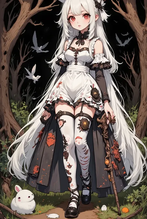 "Create a surreal and twisted version of Mary Poppins in the style of Tim Burton. Imagine her with elongated limbs, a hauntingly whimsical umbrella, and a mischievous grin. She wears tight, form-fitting attire adorned with eerie patterns and symbols, her s...