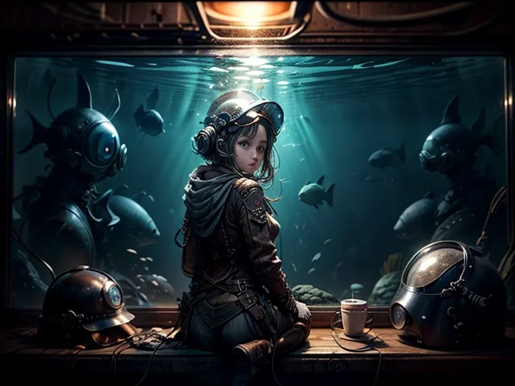 (   high quality  :1.2)。steampunk。    One girl。   short dark hair  。 одежда steampunk 。 steampunk наушники 。  devices  {p}  sitting in a submarine cabin  。   Back to viewer 。 she looks back out the window、   serious look  。devices  освещены бледным светом。...