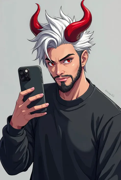 boy with sunglasses style black beard na white hair and balck sweatshirt, taking selfie with samart phone red horns on head gray background anime style