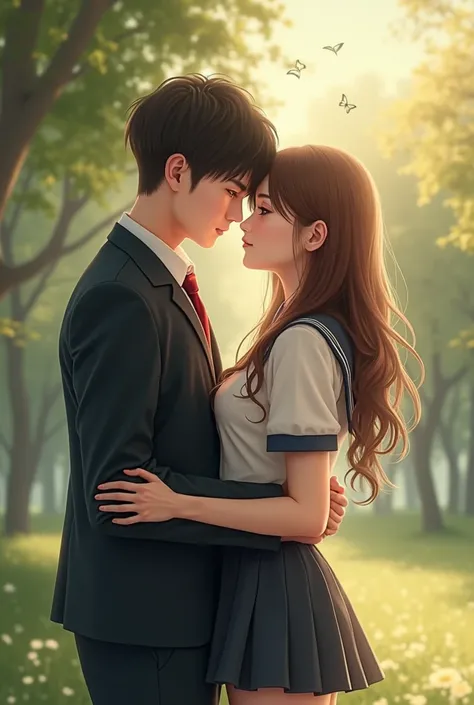 A handsome man tall with school uniform hug a beautiful girl with small waist