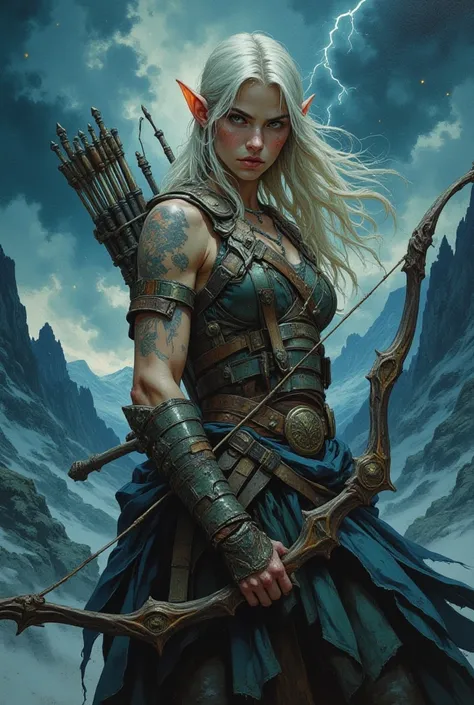 oil painting, sexy elf archer with a long wooden bow behind her back, a third of the picture is the sky above, watercolor background of dark night mountains, lightning in the sky, bright spots, large strokes, dynamic pose, epic scene, high quality details