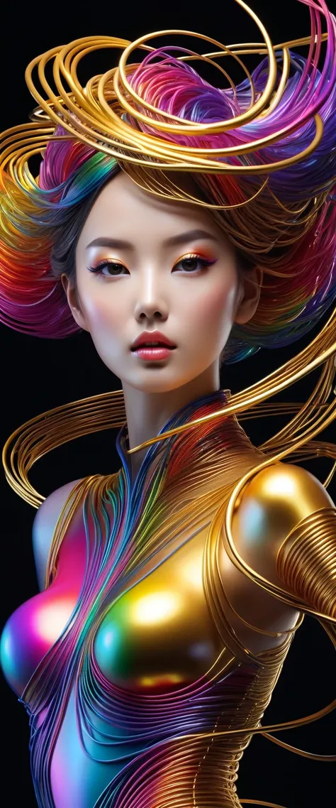 ( line art :1.5)， colored lines ， Fashion Show で金属糸で織られた人形， abstract female sculpture ， model shooting style , abstract painting, ( Extremely Fine CG Unified 8K Wallpaper),   A storm of chaotic lines rises from a complex rainbow of smoke overhead ,  styliz...