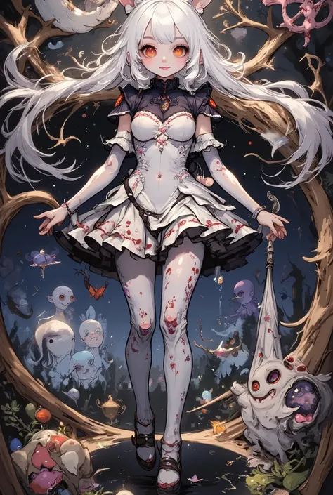 "Create a surreal and twisted version of Mary Poppins in the style of Tim Burton. Imagine her with elongated limbs, a hauntingly whimsical umbrella, and a mischievous grin. She wears tight, form-fitting attire adorned with eerie patterns and symbols, her s...