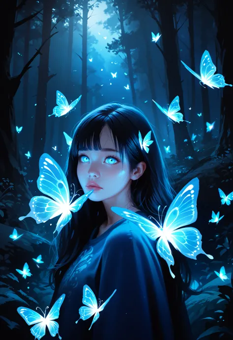 A highly detailed, ethereal and glowing blue-eyed **** fox spirit, surrounded by glowing butterflies in a night time fantasy forest, realistic, extremely detailed