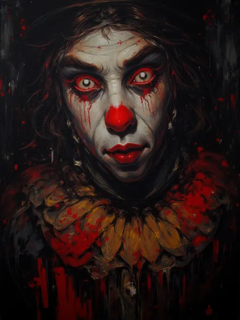  playful clown （Clown）Oil painting of a man , White painted face, The tears drawn under the right eye symbolically express sorrow and the inner world of the heart, Oil Painting , music video stills .Oil Coloring Art ,  with long sleeves , holding a knife ,...