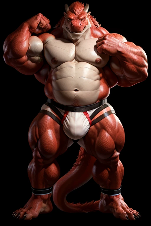 (Black Background:1.5)。Shirtless young strong scarlet male lizard beastman。My belly is white 。 huge muscles。tail。(jockstrap:1.5)。( extremely huge bulge :1.5)。barefoot。