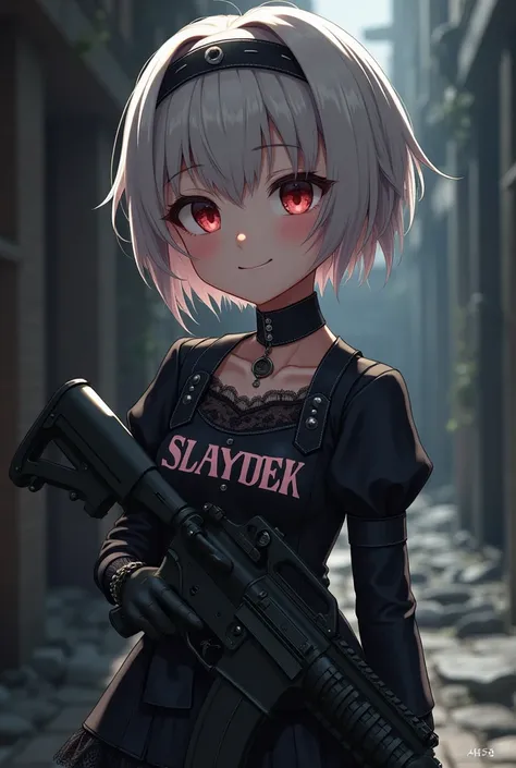 A small anime-style girl with an undercut pixie cut hairstyle, smiling confidently. She wears a gothic-style outfit with intricate dark details, including lace and buckles, and a stylish headband. She stands in the center of the 4:3 frame, holding an MP5 w...