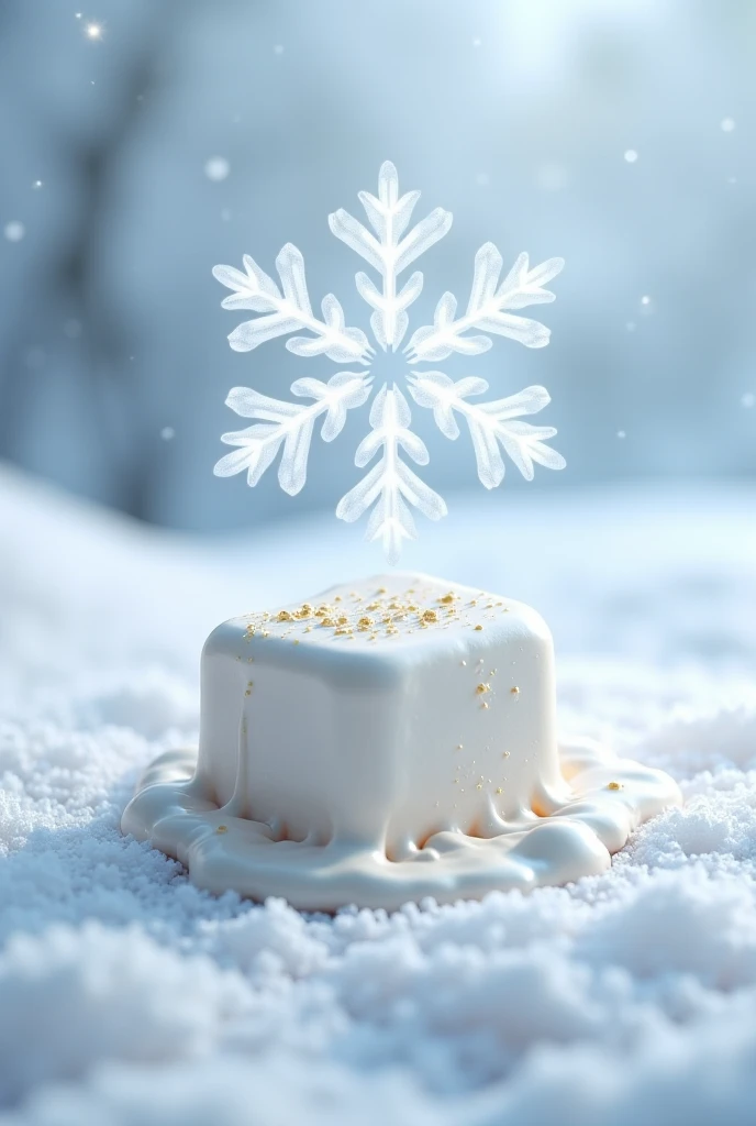 Melted Bar of Marshmallow in the center and the background is one snowflake 