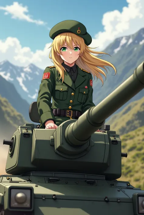 A female soldier with anti-aircraft artillery, dressed in the Mimeta uniform, Blond-haired with waves,  green eyes , The best round face , With the official beret,Riding a battle tank on a mountain road.