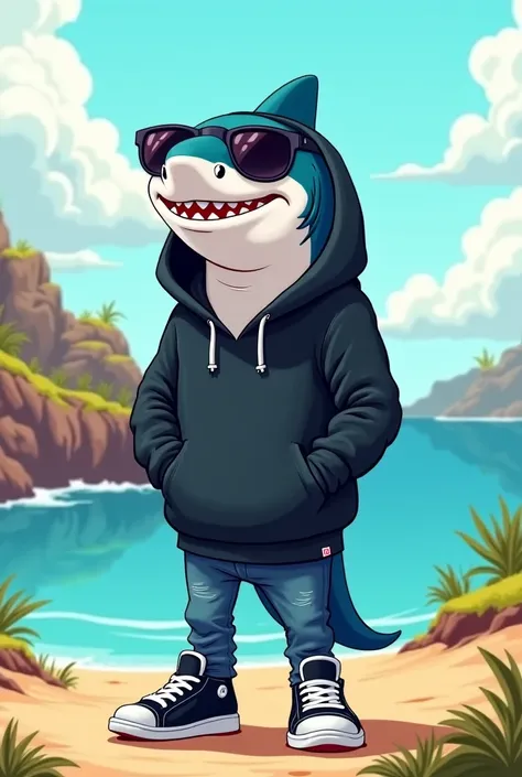 Create a fun and whimsical illustration of an anthropomorphic shark standing in a scenic outdoor setting. The shark is dressed casually in a black hoodie, sunglasses, and stylish sneakers, giving off a cool and relaxed vibe. It is facing forward with its a...