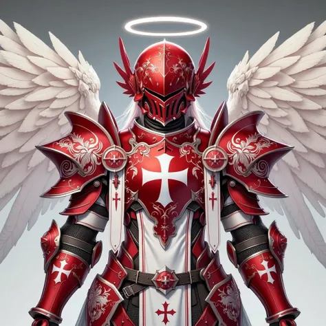 create a medium shot image, anime style, of one knights hospitaller (with white cross logo) in full body red elite fantasy plate armor with full face red fantasy helmet (with wings design on the sides), facing front, grey background, white halo behind face...