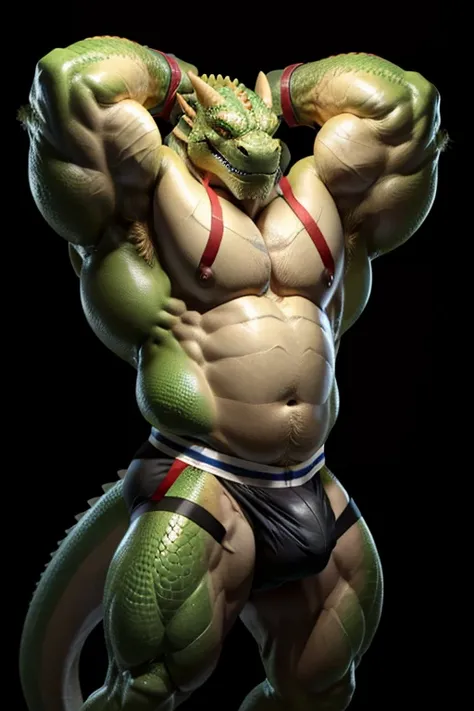 (Black Background:1.5)。A shirtless elderly strong green male lizard beastman。My belly is white 。 huge muscles。tail。(jockstrap:1.5)。( extremely huge bulge :1.5)。barefoot。