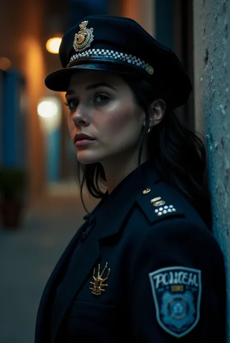 (masterpiece,   top grade: 1.2), Alone,((( Low angle shot  ))), (Police uniform ),  police hat  ,  black hair ,  radiant skin, earring,  Blushes , bed,night,  big , huge  ,   pink areolas  ,   pink lips  ,Smart Nose ,( Stand up),  side view  ,  BEAUTIFUL L...