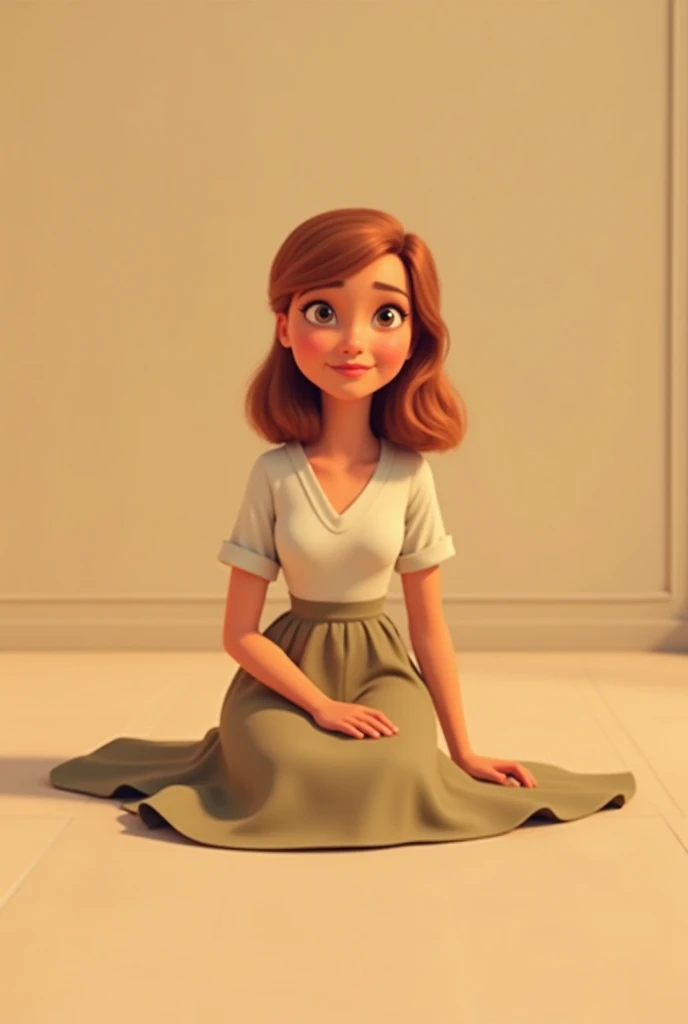  Image from a Pixar cartoon of a woman sitting on the floor ,  Her skin is light brown ,  reddish brown hair a little below the shoulder, wearing a light blouse and a long skirt .