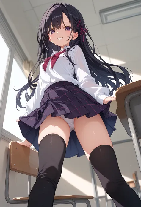  1 girl, Medium Boobs 、 thigh high socks,   black hair,  long hair,  boots,  school uniform,  skirt, 絶対領域 check pattern   skirt,  check pattern , ribbon, lace-up  boots,  dark purple eyes,  Long Sleeve  ,in classroom,  , staring at viewers , smile, low ang...