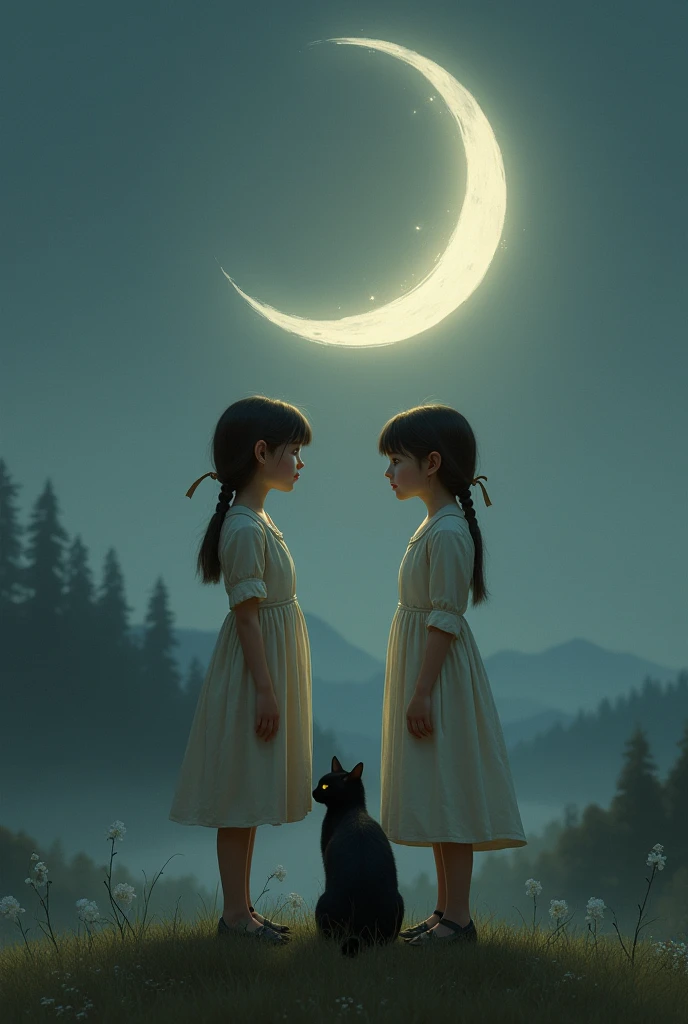 Two girls, Moon, cat, 