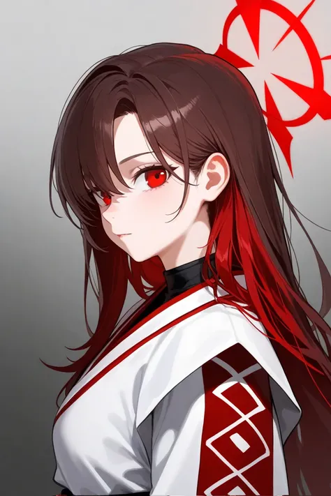 1 girl, Hair length reaches the back, Brown hair and red hair on the edges of the hair, red eyes, but not bright, wear a sexy samurai outfit, หน้าอกไซส์ปานกลาง, have a red halo