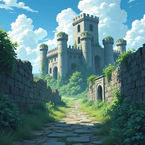 An anime-style scene in the fantasy/RPG genre. a dilapidated castle and surrounding walls are depicted, overgrown with vegetation, suggesting a state of disrepair.