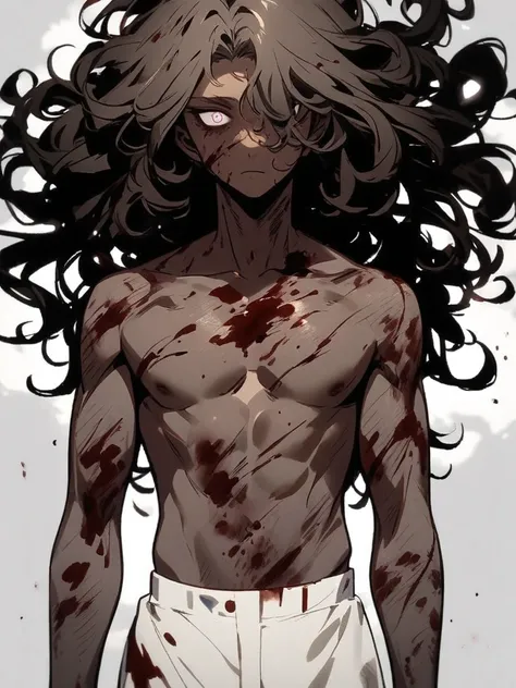 Man with Curly white hair and brown skin covered in blood and white eyes