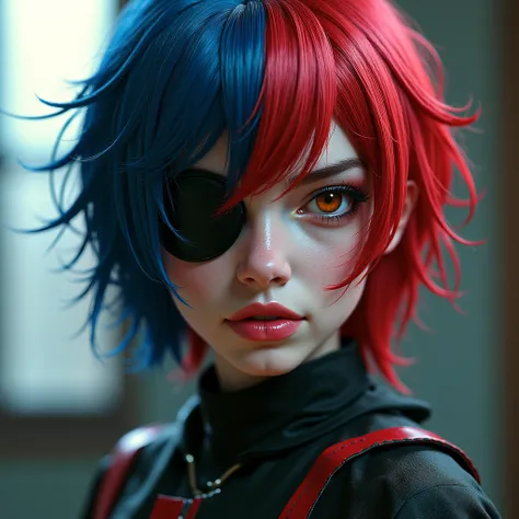 1girl, Eyepatch, Multicolored Hair, Hair Over One Eye, Antagonist, High Resolution, Best Quality, Anatomically Correct, Masterpiece, Anatomically Correct, Super Detailed, UHD, Textured Skin, Wide Shot, 