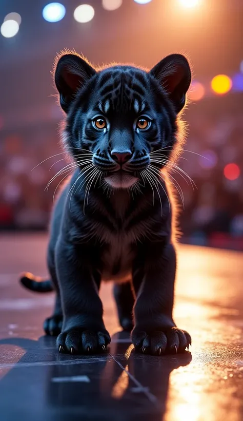 Make Prompt not image, A realistic image of  black tiger baby, is standing on AGT stage,Full boy body focus image 9: 16 frame