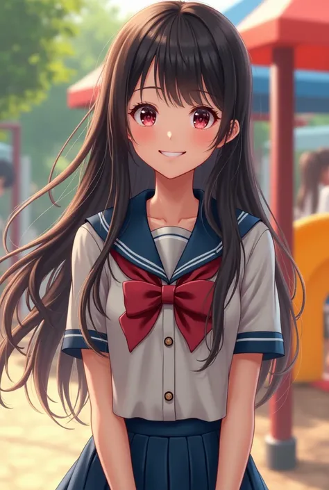 beautiful girl,  wears Korean high school uniform ,  long dark hair in a wavy back, bangs, maroon eye color, playground background ,  is smiling cheerfully 
