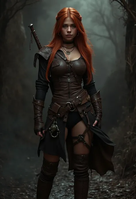 20 year old, long red hair, fantasy, assassin, female, unique face, sword, strong, agile, sexy, seduce, sinister gaze, tattered leather armor and rugged clothes, mercenary, handsome, game of thrones