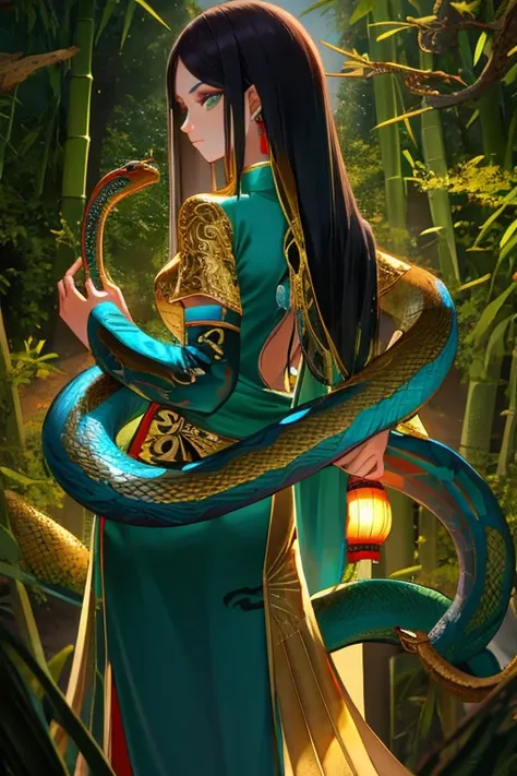 Snake cloth, chinese woman, long jet-black hair, golden serpent hairpins, gold serpent scale silk qipao, (gold), (leans forward:1.3), emerald scale embroidery, jade-green slit eyes, iridescent serpent, turquoise scales, coiled pose, misty bamboo forest, fl...