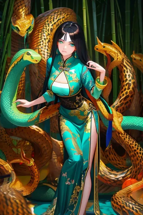 Snake cloth, chinese woman, long jet-black hair, golden serpent hairpins, gold serpent scale silk qipao, (gold), (leans forward:1.3), emerald scale embroidery, jade-green slit eyes, iridescent serpent, turquoise scales, coiled pose, misty bamboo forest, fl...