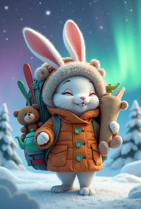 [id422363793|Екатерина], тут у нас 2:

A quirky anthropomorphic white rabbit burdened with an oversized backpack overflowing with ridiculous items – a teapot, a ski pole, a plush bear, and a rolled-up carpet peek out from the top. He wears a short orange c...