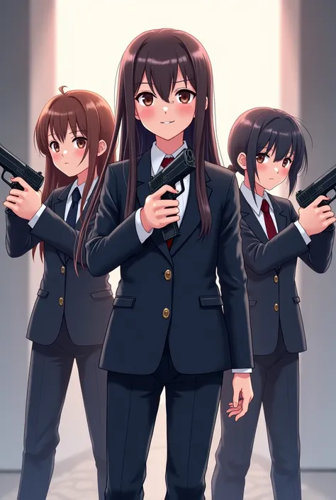 "An anime-style illustration featuring four young girls in tactical formation, designed for a guild logo. The central figure is a small girl in a perfectly tailored suit, exuding both elegance and intimidation. She stands confidently in front of the camera...