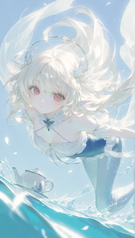 (1 girl with pale blonde and pale white hair :1.4), botanical background、 pale colored background, the petals dance、 water imaged clothes、detailed costume, Sunshine, dynamic angle, swim suit, short bang, accessories, water imaged hair ornament, having Japa...