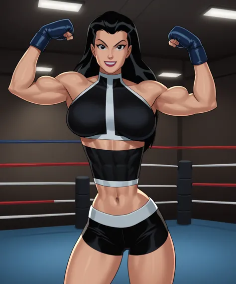 safe_pos, PonyXLV6_Scores BREAK (((retro artstyle, parody, animification)), perfect anatomy, cowboy shot) helena bertinelli, long hair, black hair, black eyes, flirting, raised eyebrow, ((looking at viewer)),   navel, black boxing gloves, black boxing shor...