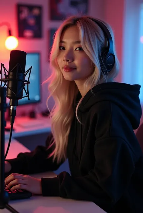 A 18-year-old beautiful Asian girl, blonde hair, in a black stylish hoodie is sitting in front of the microphone, and around her is a computer setup room, with beautiful lighting all around.  The size of the image will be the size of the YouTube thumbnail.