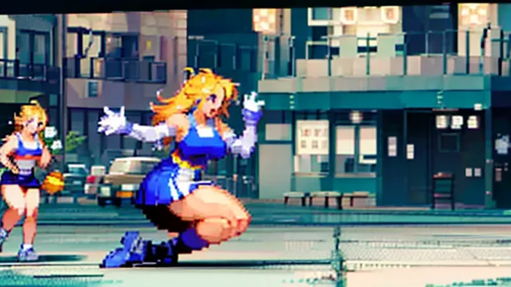 1girl cheerleader  jumping  , happy, ( pixel art :1), ( blue eyes,  skirt,  blond, Pom-pom),  curvy,  staring at viewers , smile, :d,  jumping , cute  pose , 
( detailed landscape , street,  cityscape , ), (background:1), (dynamic_angle:1.2), (dynamic_ pos...