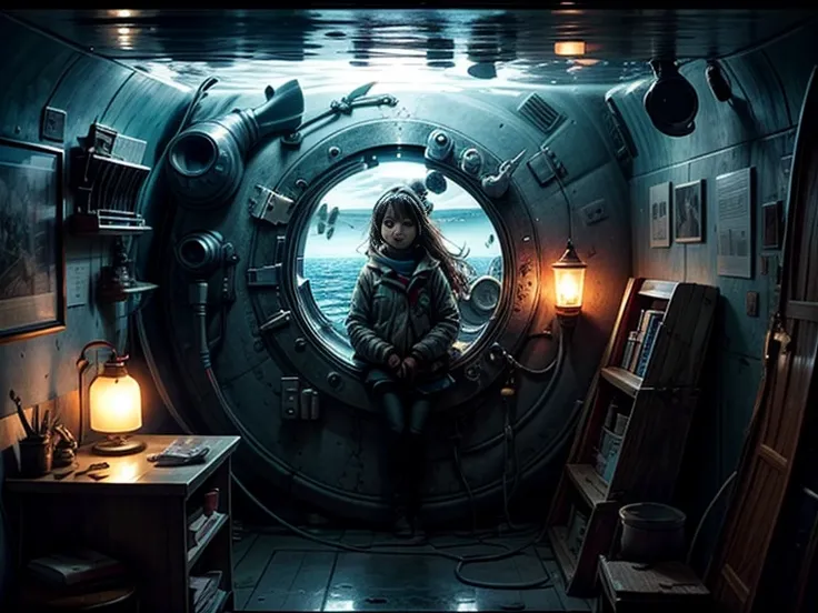 Submarine cabin with a porthole and a girl inside.