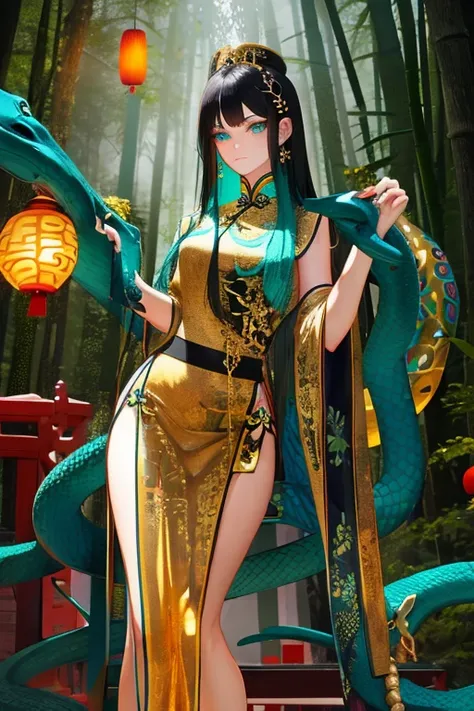 Snake cloth, chinese woman, long jet-black hair, golden serpent hairpins, gold serpent scale silk qipao, (gold), (leans forward:1.3), emerald scale embroidery, jade-green slit eyes, iridescent serpent, turquoise scales, coiled pose, misty bamboo forest, fl...