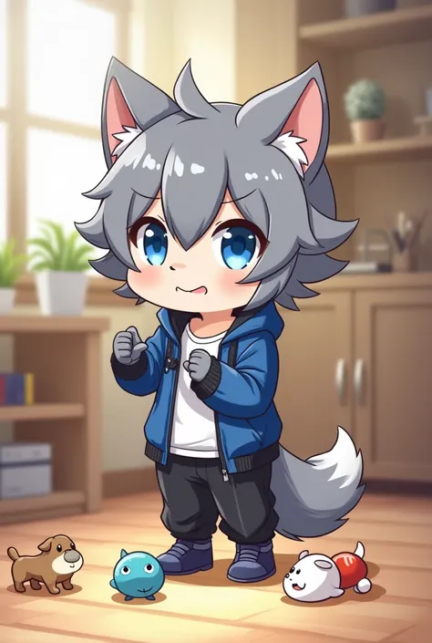 a Masterpiece character, anime-style,Chibi,illustrated,Half short of a furrito boy oregas wolf gray wolf nose blue jacket white shirt black pants dark blue shoes with blue eyes playing dog toys in the middle of the room in an adorable way