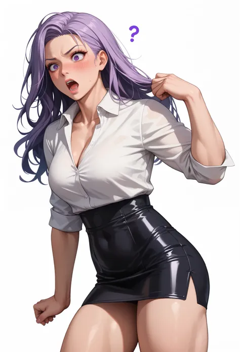 ((White background )) (masutepiece, Best Quality, High quality:1.4), (Curve:1.1), Long hair, lip stick, makeup, Ultra Detail Hair, ultra detail face, (Purple eyes:1.05), (Confused, blush:1.2), (Black tight skirt:1.3), (Long-sleeved white shirt:1.3), high-h...