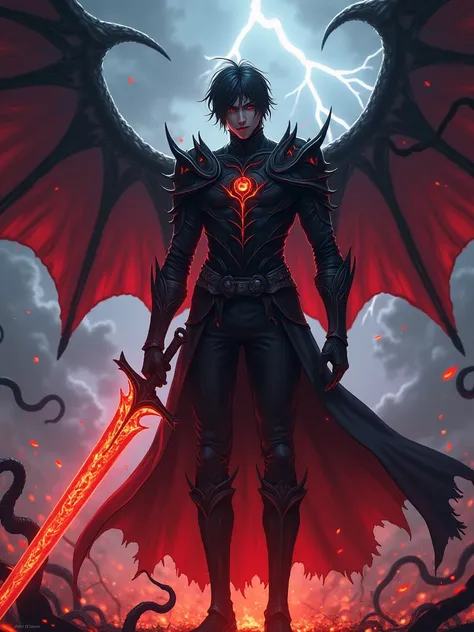 Gothic-style anime handsome guy，Super power warrior，The Burning Sword，A sky full of lightning，Handsome and strong，black scaly armor， red glowing blood vessel lines， upper body close-up，There is a flame under your feet，Thorns grow on the ground， stands on t...