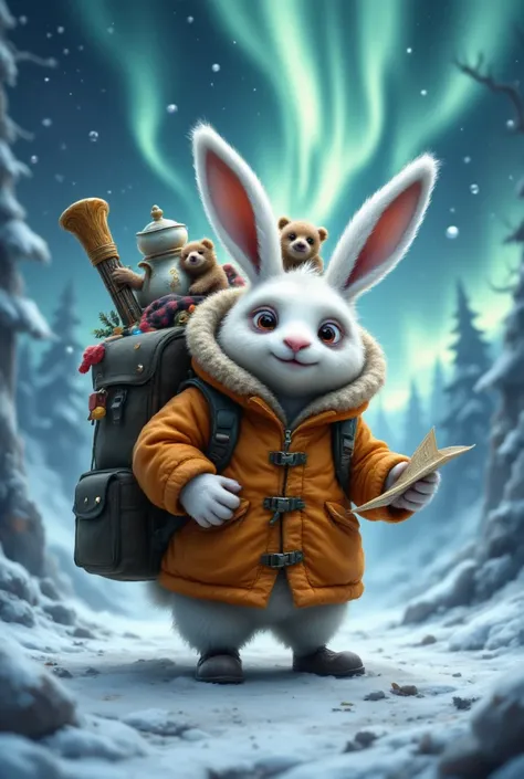 [id422363793|Екатерина], тут у нас 2:

A quirky anthropomorphic white rabbit burdened with an oversized backpack overflowing with ridiculous items – a teapot, a ski pole, a plush bear, and a rolled-up carpet peek out from the top. He wears a short orange c...