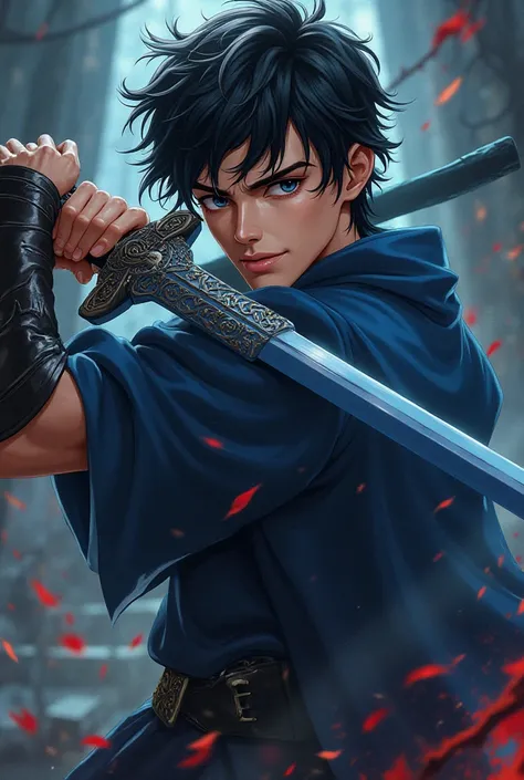 An image of a young man, handsome, black hair, black eyes, light brown skin, demon slayer, holding a navy blue sword, anime style 